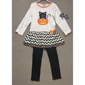 BNWT Ann Loren Halloween Black Cat In Pumpkin Dress Pants Set Girls Size 6